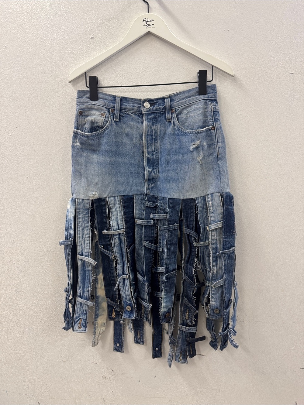 Frayed Two-Tone Denim Midi Skirt - Blue - Picture 1 of 1